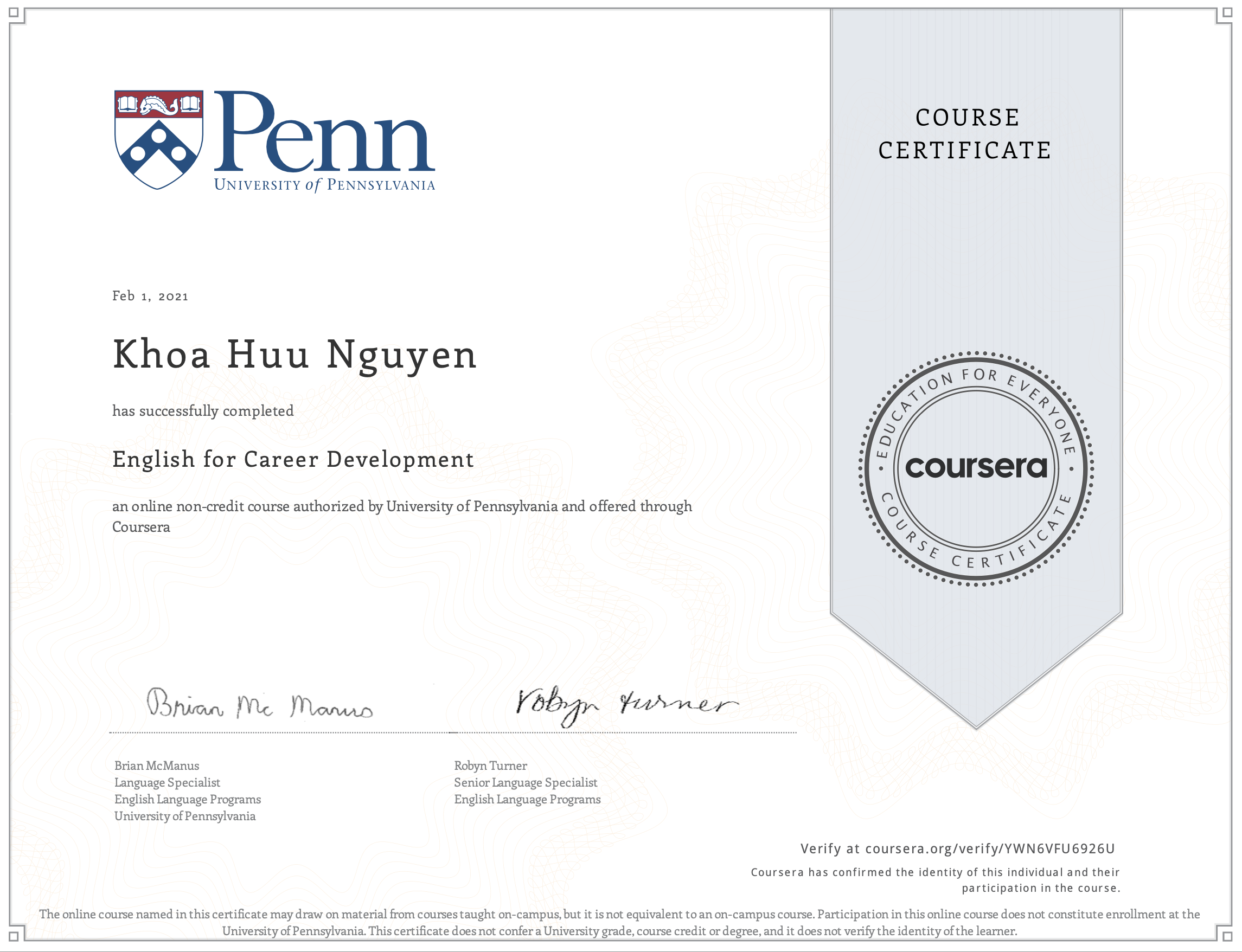 Upenn certificate